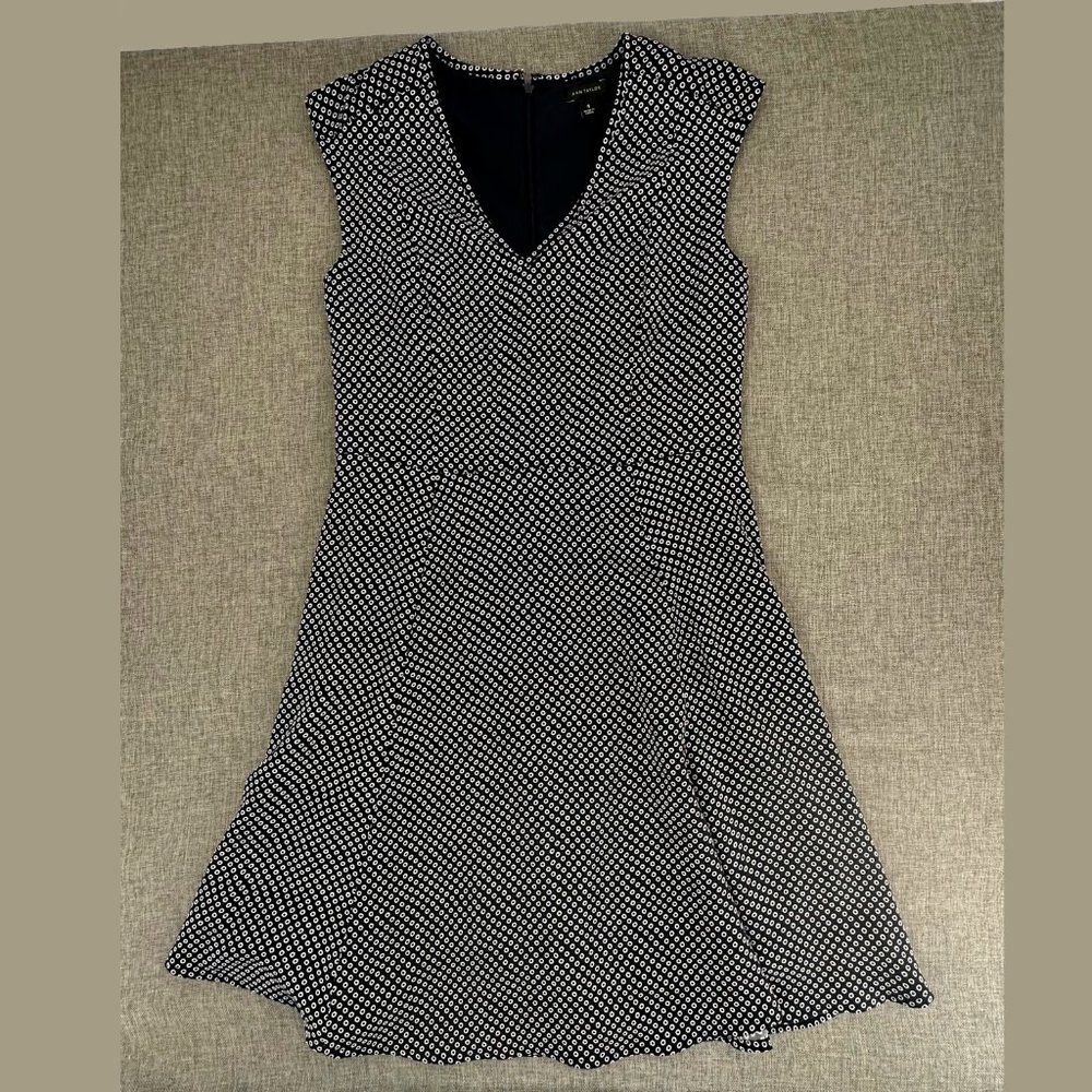Ann Taylor Fit & Flare Dress Polka Dot V-Neck Sleeveless Size 4 Polyester Zipper